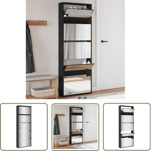 The Living Store Schoenenkast met spiegel 5-laags 63x17x169,5 cm zwart - Schoenenkast - Schoenenopbergers - Houten Schoenenkast - Zwarte Schoenenkast - Kasten Met Laden