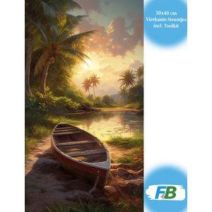 F4B Boot op Tropisch Eiland Diamond Painting 30x40cm | Vierkante Steentjes | Strand | Zee | Zonsondergang | Natuur | Landschap | Pakket Volwassenen en Kinderen