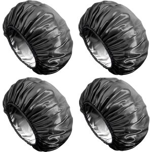 Douchekap, extra grote douchekap voor heren, satijnen EVA dubbele laag waterdichte herbruikbare douchekap voor dames met lang haar (volledig zwart, 4 stuks)