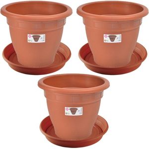 3x stuks bloempotten met onder opvangschaal in kleur terra cotta - rond diameter pot 30 cm - Plantenpotten/bakken