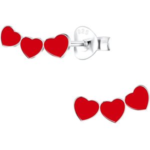 Joy|S - Zilveren hartje oorbellen - 3 rode hartjes - 10 x 5 mm