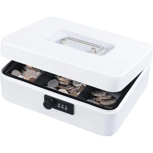 Grote Geldkist met Combinatieslot - Veilige Metalen Opbergdoos voor Geld en Waardepapieren - 25 x 20 x 9 cm, Wit
