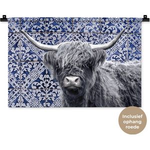 Wandkleed - Wanddoek - Schotse hooglander - Delfts blauw - Zwart - Wit - 60x40 cm - Wandtapijt