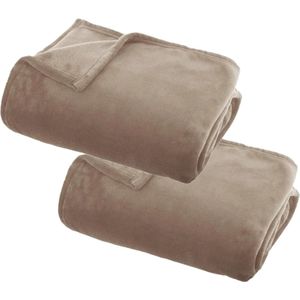 2x Stuks Fleece deken/fleeceplaid donker beige 130 x 180 cm polyester - Bankdeken - Fleece deken - Fleece plaid