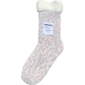 Nakkie's Huissokken - Homesocks - Maat 35-41 - ABS anti-slip noppen - Warm - Fluffy - Zacht - Dames huissokken - Grijs-Wit-Rose - Kerst cadeau voor vrouwen en meiden