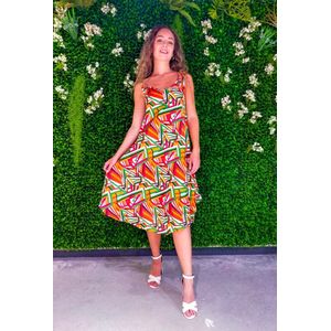 Dames jurk Jantine fantasiemotief oranje wit groen zwart rood strandjurk Maat 36-44