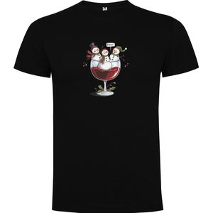 Zwart T-Shirt met “Cheers - Proost - Kerst - Sneeuwpop“ Print Full Color Maat S
