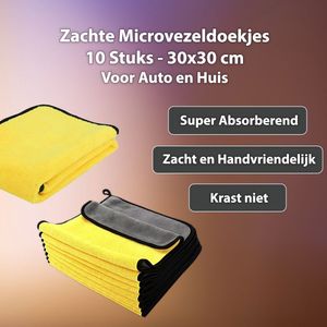 Extra Zachte Microvezeldoekjes - 10 Stuks - 30x30 cm - Super Absorberend - Car Cleaning Kit - Dubbel Laags Drogen Doek - Voor Auto en Huis - Donkergrijs en Geel