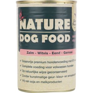 Nature Dog Food -zalm-witvis-eend-garnaal & zoeteaardappelen-wortel-spinazie 60% (vers) vlees - graan vrij - natuurlijke ingrediënten - blik - 400 gram