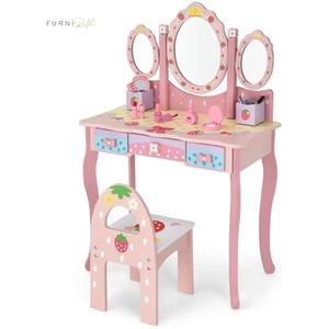 FURNIBELLA -  2 in 1 kaptafel voor kinderen met afneembare spiegel 3 lades 2 dozen in prinsesstijl voor meisjes roze