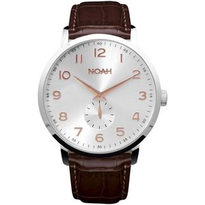 NOAH Slimline Silver Rose leather - Horloge - Saffierglas - Zilveren kast - Italiaans lederen band - Vouwsluiting