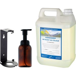 Zeepdispenser 300 ml amber bruin hervulbaar + 5 liter Handzeep No Scent, No Colour navulling (inclusief beugel)