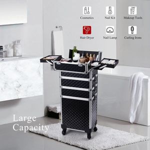 Hanimo Make up Koffer - Cosmetica Trolley - Nagel Trolley - Make up Trolley met wieltjes - Visagie Trolley - Kappers Trolley - Beauty Trolley - 4 Lagen - Zwart - 34x25x76cm