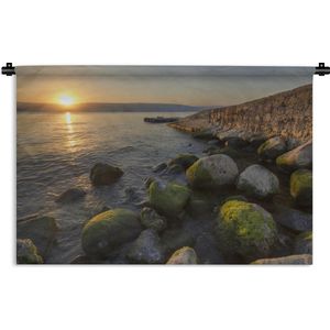 Wandkleed Meer van Galilea - Een zonsopkomst boven het Meer van Tiberias in Israël Wandkleed katoen 180x120 cm - Wandtapijt met foto XXL / Groot formaat!