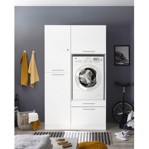Wasmachine verhoger met lade en Linnenkast met Afsluitbare bovenkast - Wasmachine ombouwkast - Wasmachine kast - Wit - Hoogte 200 cm - Wasmachine ombouw meubel