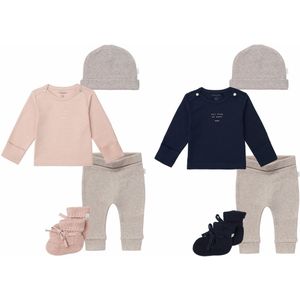Noppies - Tweeling Jongen Meisje kledingset - 8delig - Broek Naura taupe - Shirt Neisse Donkerblauw, Roze Smoke - Muts Nevel taupe - Slofjes Nelson Donkerblauw en Rose Smoke - Maat 50