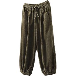 Dames Corduroy Broek met Elastische Taille en Zakken - Legergroen - Vrijetijdsbroek