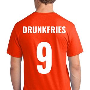 Oranje voetbal EK/WK-shirt met rugtekst Drunkfries + NL Leeuw op borst (wit) | Maat L | Oranje EK/WK-shirt Heren - Oranje EK/WK-shirt Dames - Grappig Oranje shirt