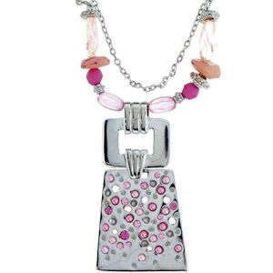 Behave Zilver kleurige ketting met roze details en rechthoekige hanger
