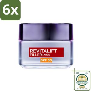 L'Oréal Paris Revitalift Filler - Anti-Aging Dagcrème - Serum - Hyaluronzuur en SPF 50 - 50 ml - Voordeelverpakking - 6 stuks - Rimpelcrème - Dagcrème spf50
