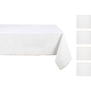 OZAIA Set van tafellaken + 4 servetten van katoen - Beige rand - Wit - 140 x 240 cm - LOANIA L 240 cm x H 1 cm x D 140 cm