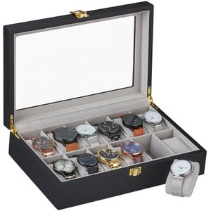 Relaxdays horlogebox - 12 horloges - sieradendoos - fluweel - kijkvenster - zwart/grijs