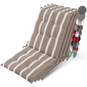 Beautissu Sun-NL – Set van 4 Premium Lage Rugleuning Kussen 100x50 cm - UV-bestendig & 8cm Dik Kussen Tuinstoelkussen Antislip Bevestigingsbanden – Stevige Stof Beige Blanc Gestreept