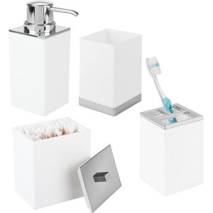Set van 4 badkameraccessoires – tandenborstelhouder, zeepdispenser, container met deksel en beker – van robuuste, BPA-vrije kunststof – wit/zilverkleurig