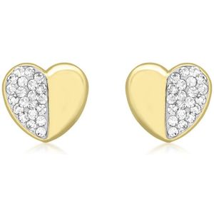 Lucardi Dames Oorknoppen hart met kristal - Oorbellen - Cadeau - 9 Karaat - Geelgoud