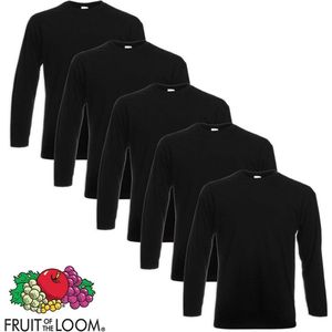 5 Fruit of the Loom Value Weight Longsleeve T-shirt zwart XL