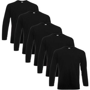 5 Fruit of the Loom Value Weight Longsleeve T-shirt zwart XL