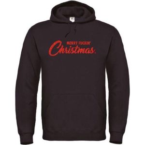 Kerst hoodie zwart L - Merry fuckin' Christmas - rood glitter - soBAD. | Kersttrui soBAD. | kerstsweaters volwassenen | kerst hoodie volwassenen | Kerst outfit | Foute kerst truien