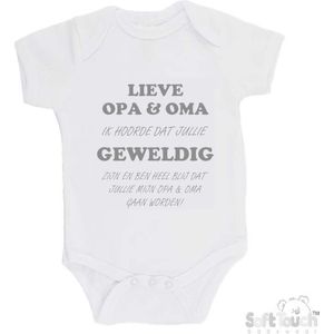 100% katoenen Romper ""Lieve opa & oma ik hoorde dat jullie geweldig zijn en ben heel blij dat jullie mijn opa & oma gaan worden!"" Unisex Katoen Wit/grijs Maat 56/62