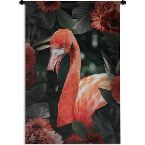 Wandkleed FlamingoKerst illustraties - Een flamingo tussen de bloemen en bladeren Wandkleed katoen 60x90 cm - Wandtapijt met foto