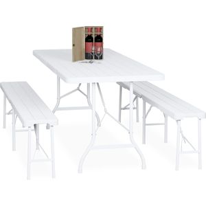 Relaxdays biertafel set - inklapbaar - 3-delig - bierbanken met grote klaptafel - houtlook - kunststof - campingtafel - wit