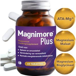 Magnimore Plus 60 - Triple Magnesium Complex - Magnesium Bisglycinaat, Malaat & N-acetyltauraat - Voor Energie, Ontspanning, Spierherstel & Hart- en Zenuwgezondheid