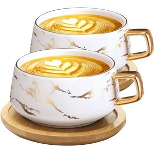 2 stuks cappuccinokopjes met schoteltjes, 300 ml, porseleinen espressokopjes voor thee, koffie, cappuccino, koffiekopjes met houten schijf (wit x 2)