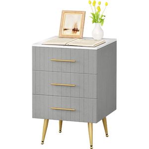 J&R Nachtkastje - Klein dressoir - Commode - Nachtkastje Met 3 Lades - Marmer - Fluweel - Velvet - Grijs/Wit/Goud