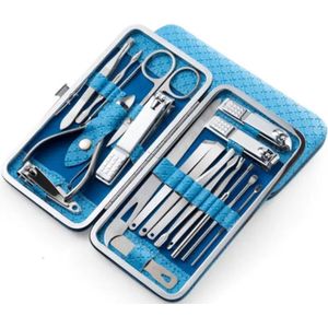 19-delige Professionele Manicure Set & Pedicure set met Nagelvijl & Nageltang – Nagelset met Nagelschaartje & Huidverzorging – Manicure Etui - Nagelknipper - behandeling nagels en huid ( Licht Blauw )