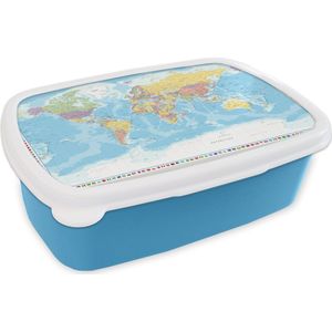 Broodtrommel Blauw - Lunchbox - Brooddoos - Wereldkaart - Vlag - Politiek - 18x12x6 cm - Kinderen - Jongen