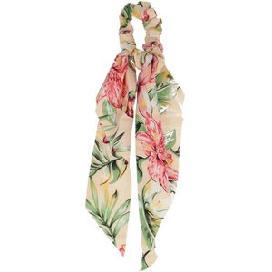 Haarsoires Haarelastiek Scrunchie – Bloemenprint – 25cm Linten – Gladde Stof – Roze Groen Creme - Haarkrinkel - Haar Elastiek met Stof - Zacht & Haarvriendelijk