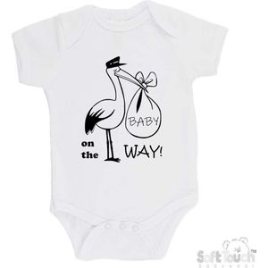 100% katoenen Romper Aankondiging Zwangerschap ""Baby on the way""! 2.0"" Ooievaar Unisex Katoen Wit/zwart Maat 62/68