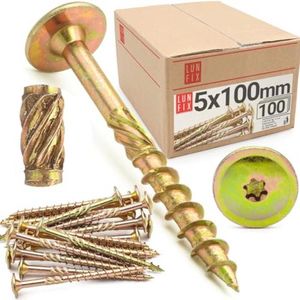 Platte kopschroeven 5 x 100 mm - 100 stuks, geel verzinkt, torx-schroeven voor houtbewerking