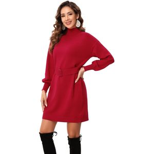 Gebreide Jurk Dames Lange Mouwen Coltrui Jurk Elegante Trui Tuniek Jurk Met Riem Claret S