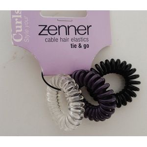 Zenner cable hair elastics - tie & go - 3 haarspiralen transparant wit, bruin zwart - haarspiraal - curls
