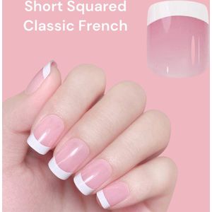 Soft Geltips Short Square Classic French Nails Press Ons - French Manicure - 150 stuks Full Cover Frosted Nepnagels - Nepnagels met Lijm - Plaknagels met Lijm - 100 % soak-off - 150 stuks in Doos