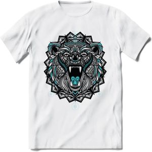 Beer - Dieren Mandala T-Shirt | Lichtblauw | Grappig Verjaardag Zentangle Dierenkop Cadeau Shirt | Dames - Heren - Unisex | Wildlife Tshirt Kleding Kado | - Wit - 3XL