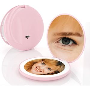 Vergrootglas Mini Make-up Spiegel Compact Pocket Handheld Kleine Ronde Spiegel - Dubbelzijdige Reizen LED Lichten - Draagbare Femme Schoonheid Cosmetische Tool - UK15 Roze .