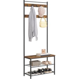 O'DADDY® kapstok staand – kapstokken - kapstok met schoenenrek – kapstok bruin - garderoberek - kledingstandaard - garderoberek met kapstok - garderoberek met schoenenrek - 9 haken 2 laags schoenenrek 6 paar - garderoberek - 70 x 32 x 175 cm