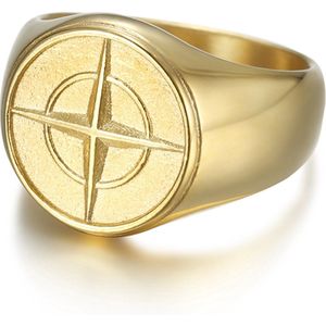 Zegelring Heren Goud kleurig met Kompas Gravering - Staal - Ring Ringen - Cadeau voor Man - Mannen Cadeautjes